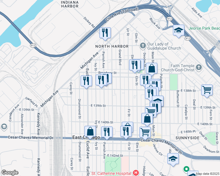 map of restaurants, bars, coffee shops, grocery stores, and more near 3736 Hemlock Street in East Chicago