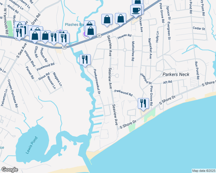 map of restaurants, bars, coffee shops, grocery stores, and more near 109 Seaview Avenue in Yarmouth