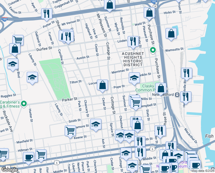 map of restaurants, bars, coffee shops, grocery stores, and more near 357 Pope Street in New Bedford