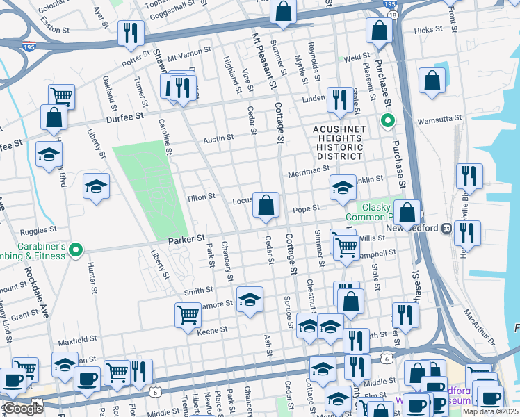 map of restaurants, bars, coffee shops, grocery stores, and more near 297R Cedar Street in New Bedford