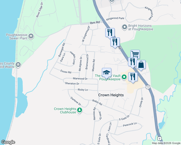 map of restaurants, bars, coffee shops, grocery stores, and more near 27 Marino Road in Poughkeepsie