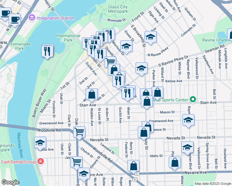 map of restaurants, bars, coffee shops, grocery stores, and more near 505 6th Street in Toledo
