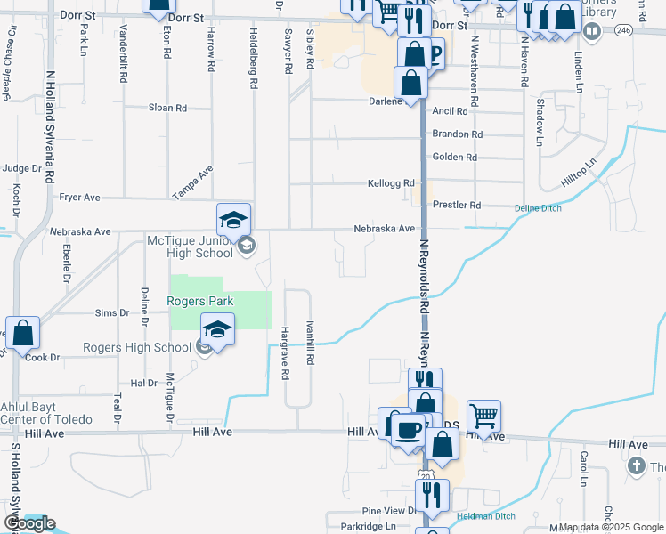 map of restaurants, bars, coffee shops, grocery stores, and more near 5301 Nebraska Avenue in Toledo