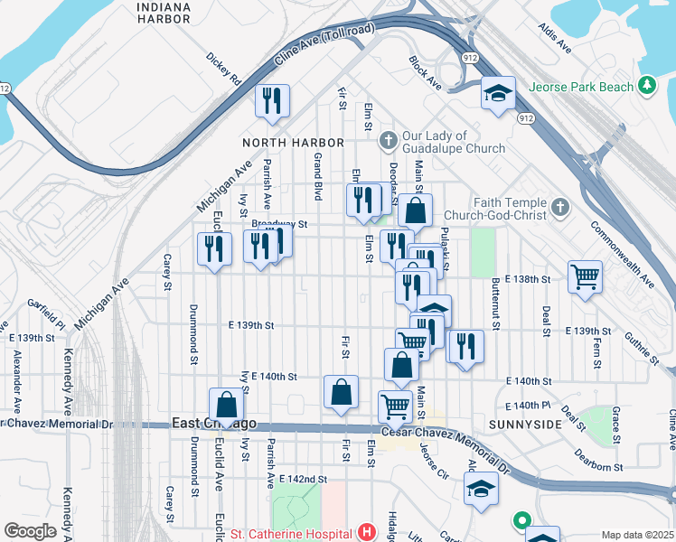 map of restaurants, bars, coffee shops, grocery stores, and more near 3735 Fir Street in East Chicago