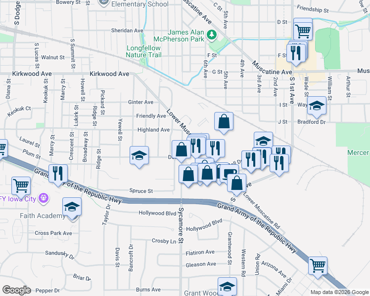 map of restaurants, bars, coffee shops, grocery stores, and more near 1429 Sycamore Street in Iowa City