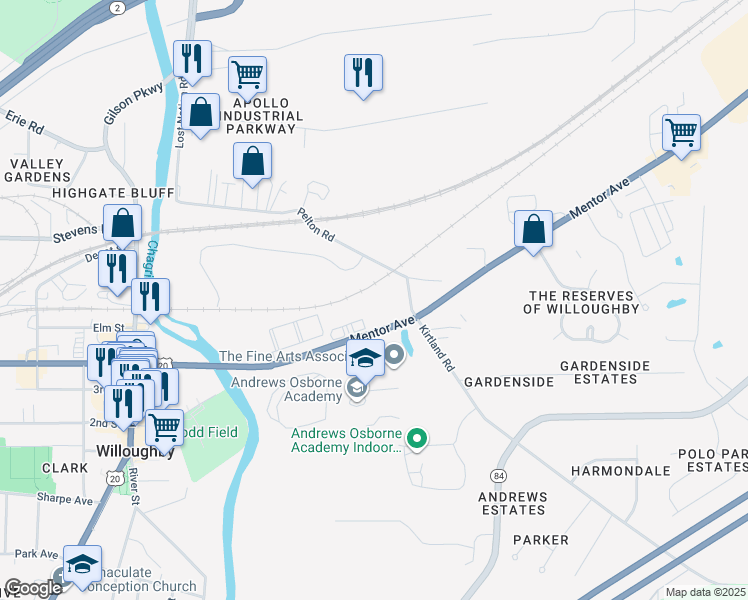map of restaurants, bars, coffee shops, grocery stores, and more near 38669 Mentor Avenue in Willoughby