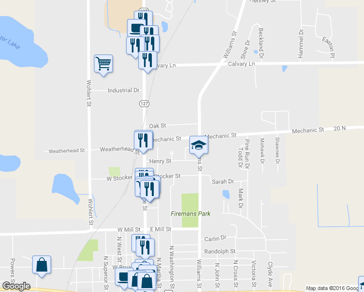 map of restaurants, bars, coffee shops, grocery stores, and more near 811 Stevens Street in Angola
