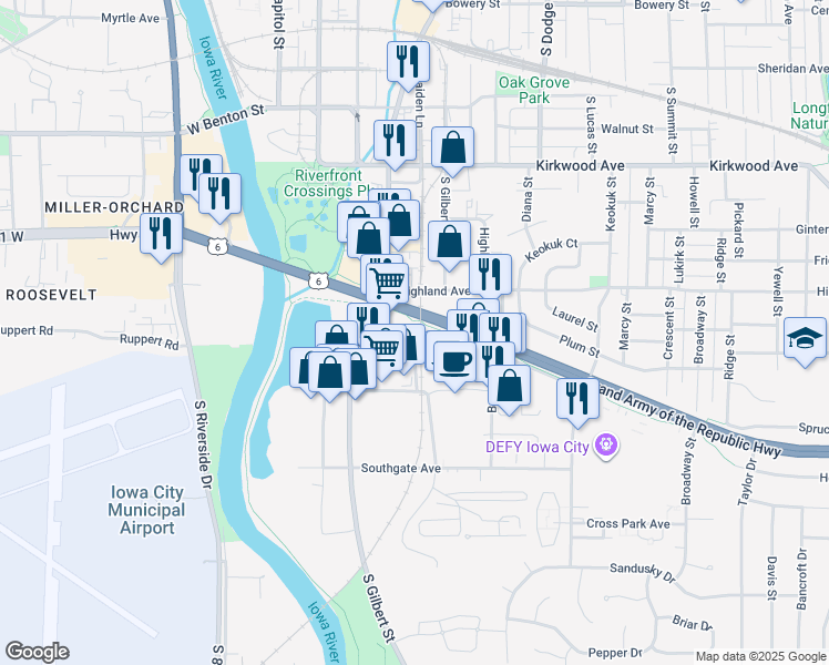 map of restaurants, bars, coffee shops, grocery stores, and more near 1410 Waterfront Drive in Iowa City