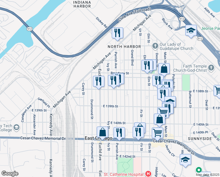 map of restaurants, bars, coffee shops, grocery stores, and more near 3735 Ivy Street in East Chicago