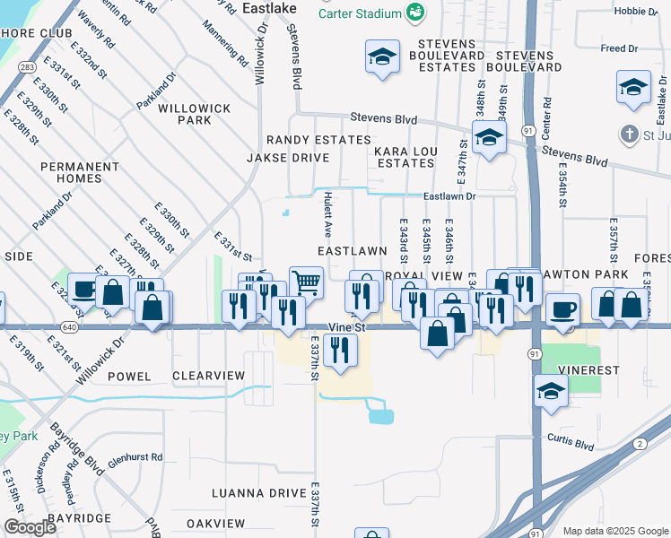 map of restaurants, bars, coffee shops, grocery stores, and more near 1315 Hulett Avenue in Eastlake