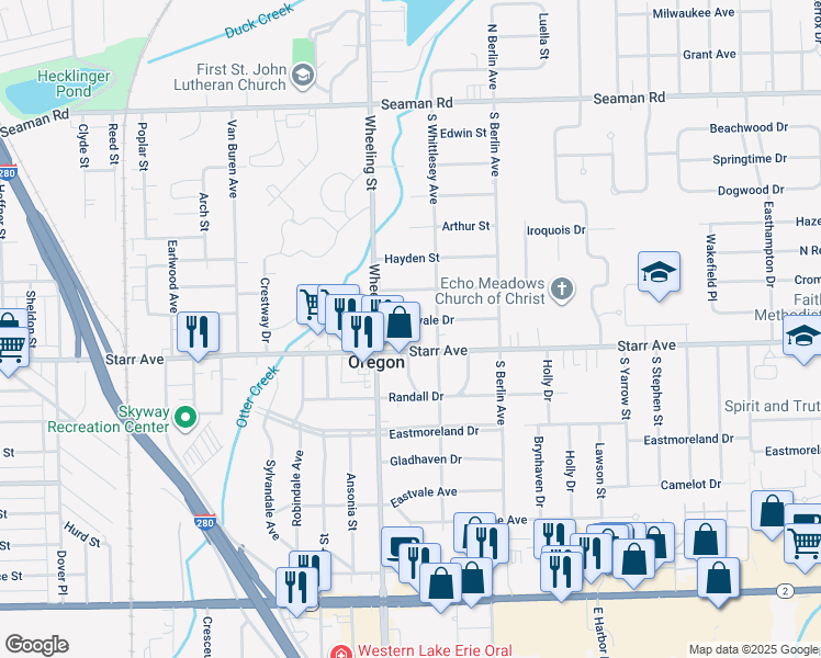 map of restaurants, bars, coffee shops, grocery stores, and more near 2634 Northvale Drive in Oregon