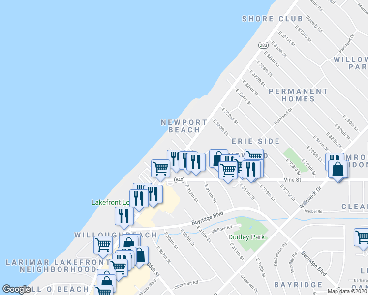 map of restaurants, bars, coffee shops, grocery stores, and more near 31421 Lakeshore Boulevard in Willowick