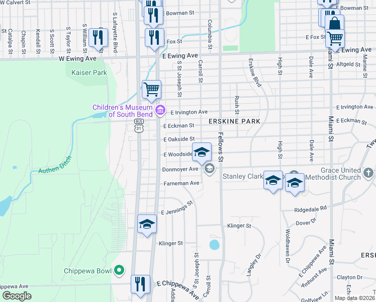 map of restaurants, bars, coffee shops, grocery stores, and more near 211 East Woodside Street in South Bend