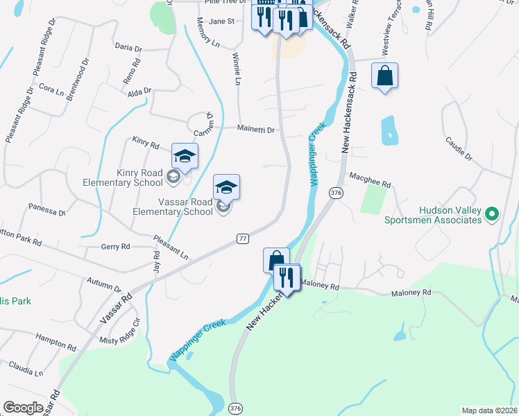 map of restaurants, bars, coffee shops, grocery stores, and more near 166 Vassar Road in Poughkeepsie