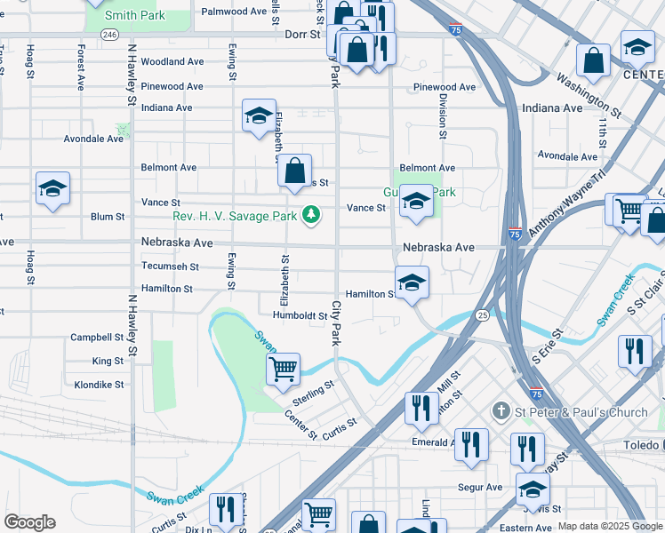 map of restaurants, bars, coffee shops, grocery stores, and more near 511 City Park in Toledo