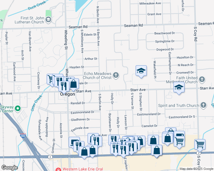 map of restaurants, bars, coffee shops, grocery stores, and more near 2823 Starr Avenue in Oregon