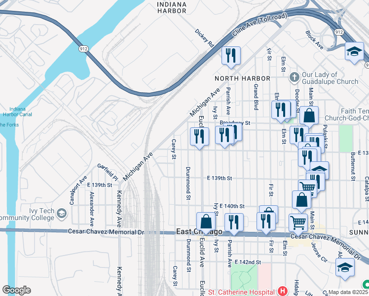map of restaurants, bars, coffee shops, grocery stores, and more near 3744 Drummond Street in East Chicago