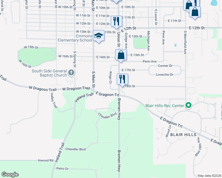 map of restaurants, bars, coffee shops, grocery stores, and more near 201 Kings Court South in Mishawaka