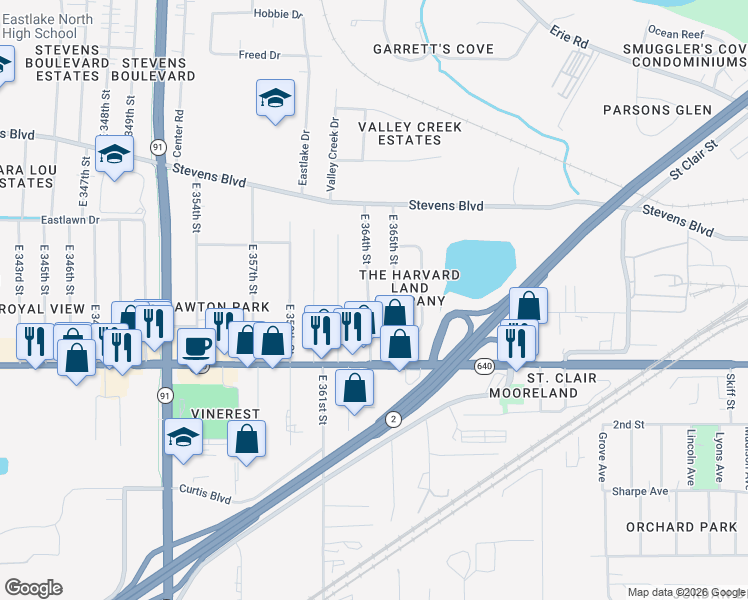 map of restaurants, bars, coffee shops, grocery stores, and more near 3893 East 364th Street in Willoughby