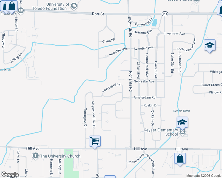 map of restaurants, bars, coffee shops, grocery stores, and more near 4258 Hunters Trail Drive in Toledo