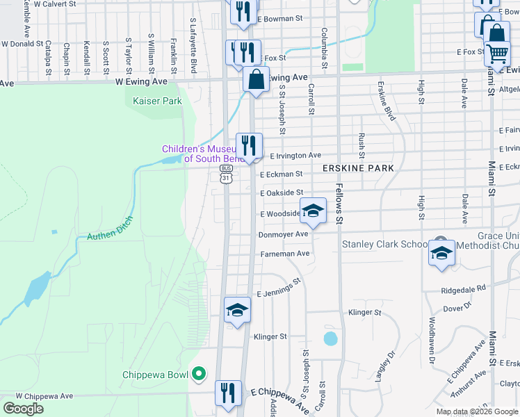 map of restaurants, bars, coffee shops, grocery stores, and more near 119 East Woodside Street in South Bend