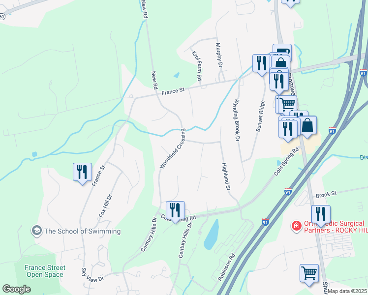 map of restaurants, bars, coffee shops, grocery stores, and more near 148 Woodfield Crossing in Rocky Hill