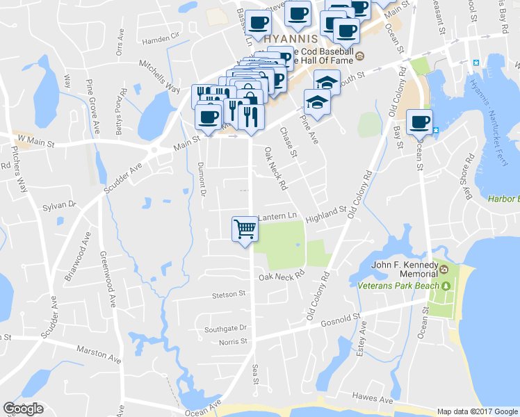 map of restaurants, bars, coffee shops, grocery stores, and more near 166 Sea Street in Barnstable