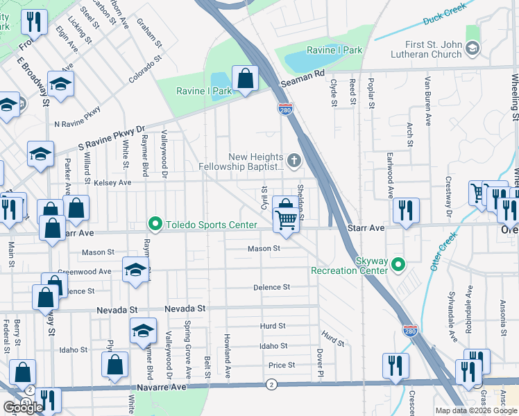 map of restaurants, bars, coffee shops, grocery stores, and more near 612 Dearborn Avenue in Toledo
