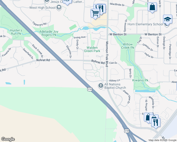 map of restaurants, bars, coffee shops, grocery stores, and more near 2625 Rushmore Drive in Iowa City