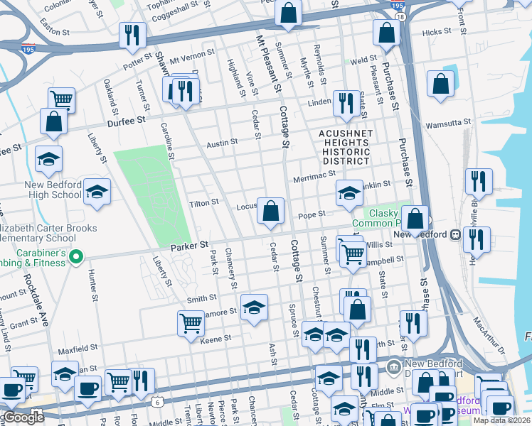 map of restaurants, bars, coffee shops, grocery stores, and more near 297R Cedar Street in New Bedford