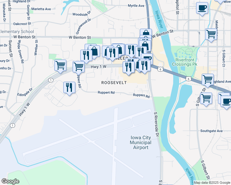 map of restaurants, bars, coffee shops, grocery stores, and more near Ruppert Road in Iowa City