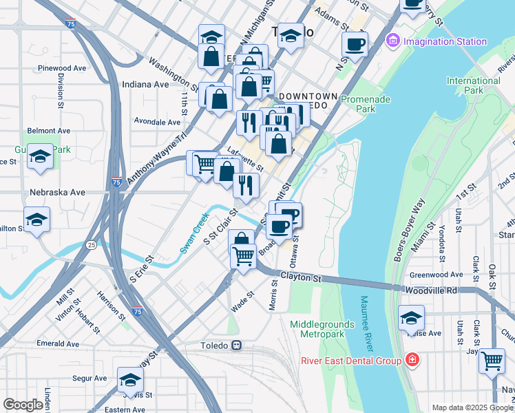 map of restaurants, bars, coffee shops, grocery stores, and more near 145 South Saint Clair Street in Toledo