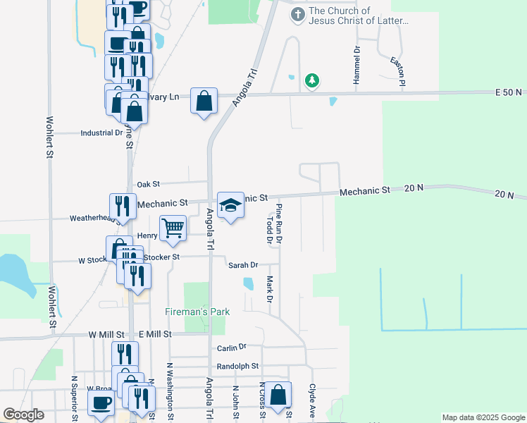 map of restaurants, bars, coffee shops, grocery stores, and more near 809 Todd Drive in Angola