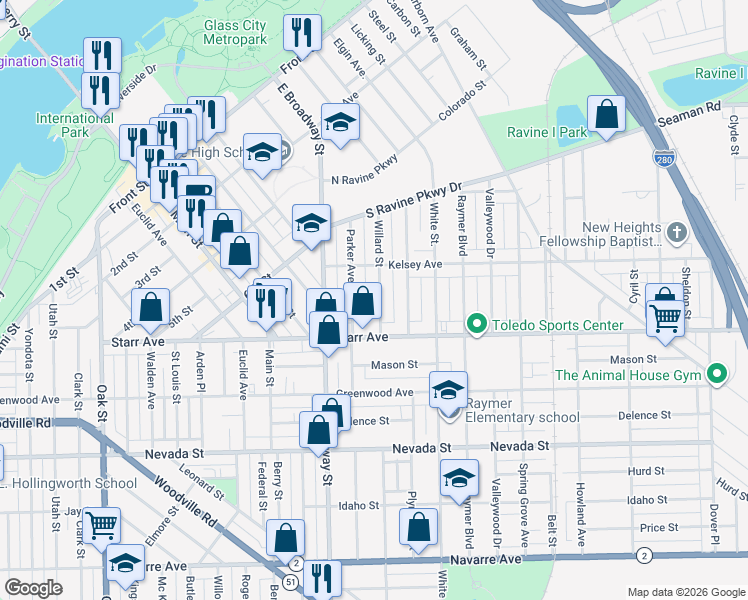 map of restaurants, bars, coffee shops, grocery stores, and more near 334 Willard Street in Toledo