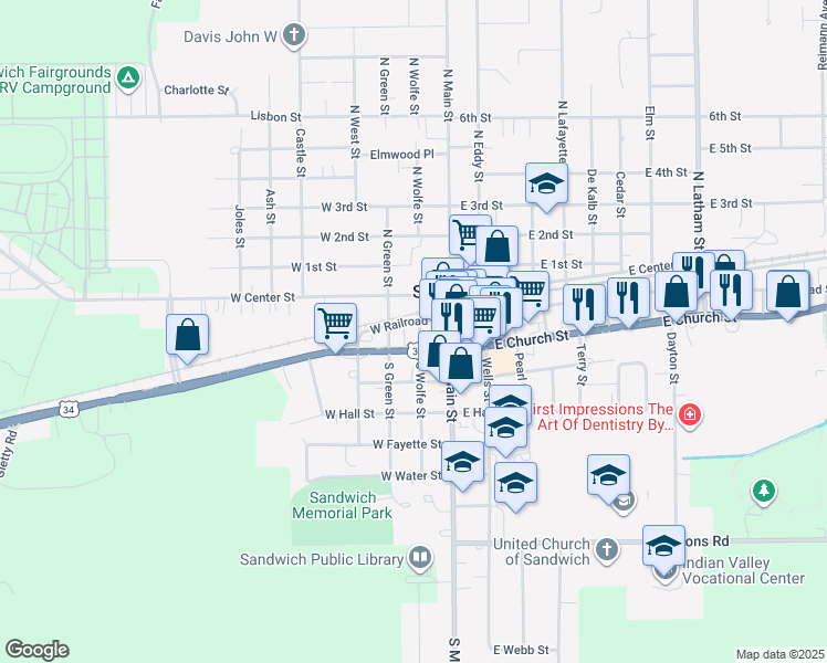 map of restaurants, bars, coffee shops, grocery stores, and more near 109 South Wolfe Street in Sandwich