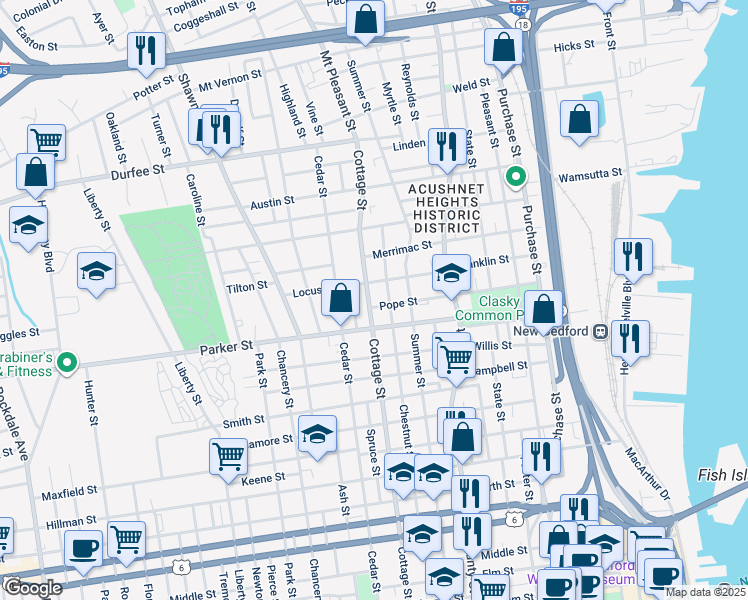 map of restaurants, bars, coffee shops, grocery stores, and more near 357 Pope Street in New Bedford