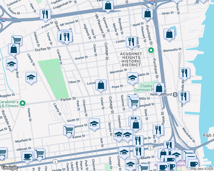 map of restaurants, bars, coffee shops, grocery stores, and more near 357 Pope Street in New Bedford