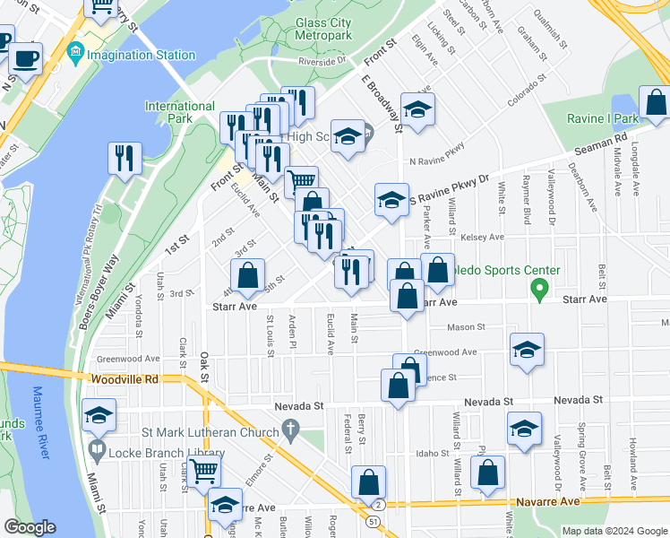 map of restaurants, bars, coffee shops, grocery stores, and more near 615 Main Street in Toledo