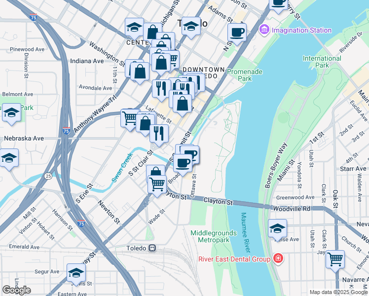 map of restaurants, bars, coffee shops, grocery stores, and more near 110 Ottawa Street in Toledo
