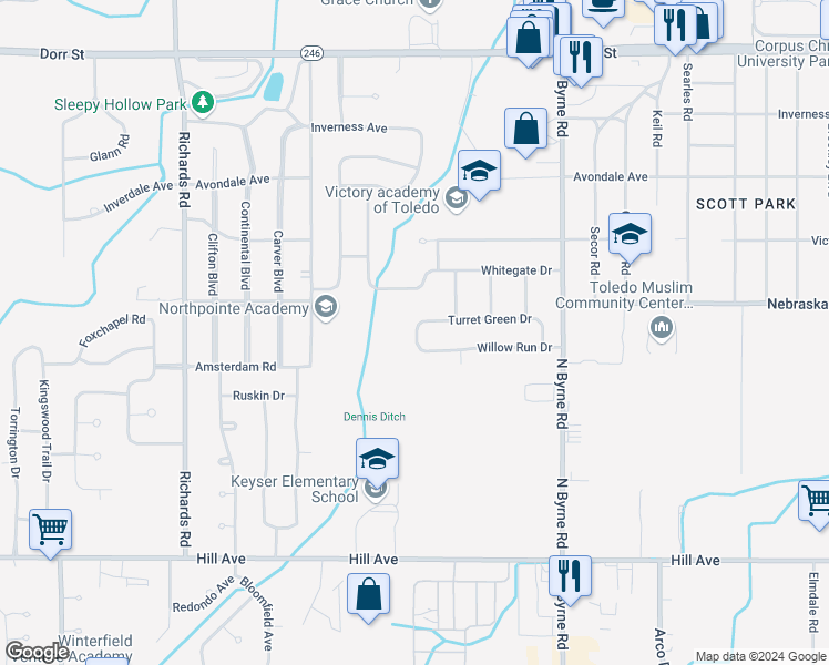 map of restaurants, bars, coffee shops, grocery stores, and more near 3704 Willow Run Drive in Toledo