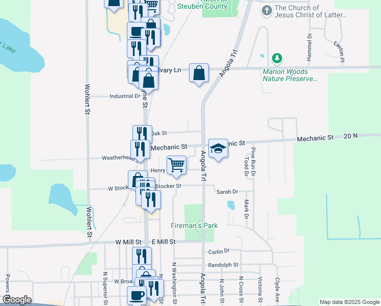 map of restaurants, bars, coffee shops, grocery stores, and more near 811 Stevens Street in Angola