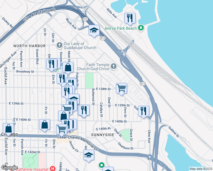 map of restaurants, bars, coffee shops, grocery stores, and more near 3734 Deal Street in East Chicago
