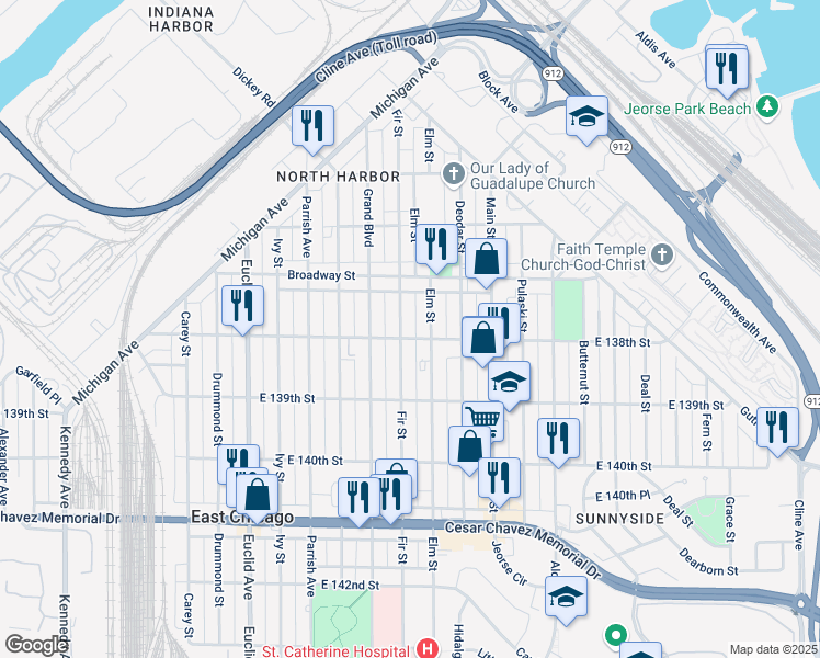 map of restaurants, bars, coffee shops, grocery stores, and more near 3735 Fir Street in East Chicago