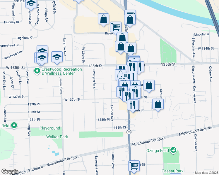 map of restaurants, bars, coffee shops, grocery stores, and more near 13625 Royal Court in Crestwood
