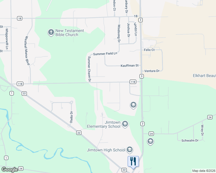 map of restaurants, bars, coffee shops, grocery stores, and more near 29232 County Road 118 in Elkhart