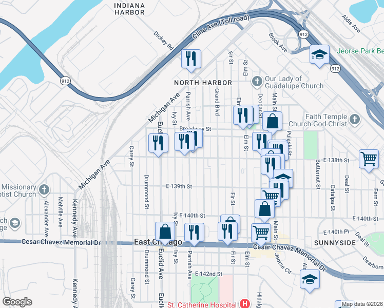 map of restaurants, bars, coffee shops, grocery stores, and more near 3741 Parrish Avenue in East Chicago