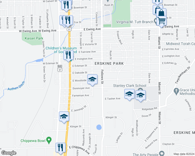 map of restaurants, bars, coffee shops, grocery stores, and more near 401 East Woodside Street in South Bend