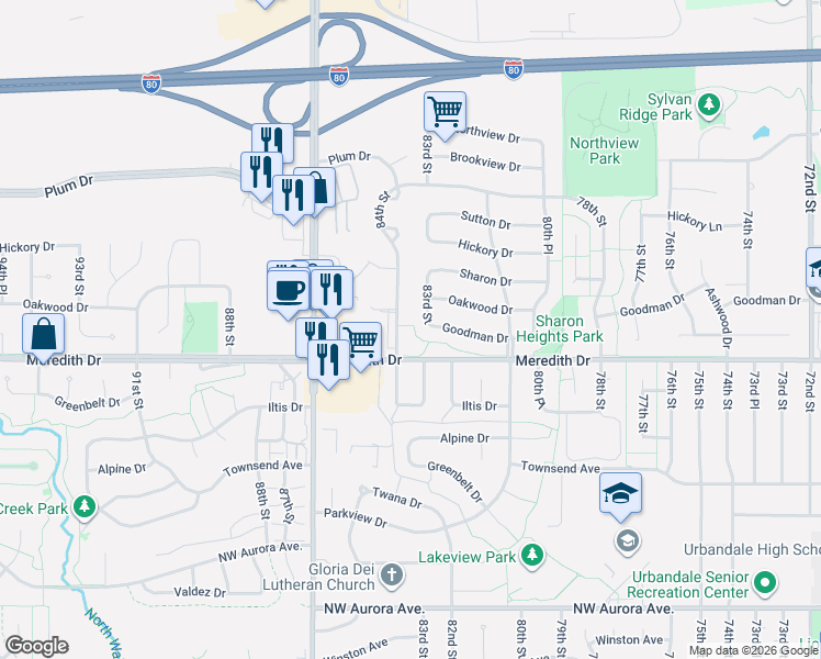 map of restaurants, bars, coffee shops, grocery stores, and more near 8218 Goodman Drive in Urbandale