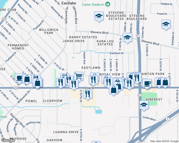 map of restaurants, bars, coffee shops, grocery stores, and more near 1312 East 340th Street in Eastlake