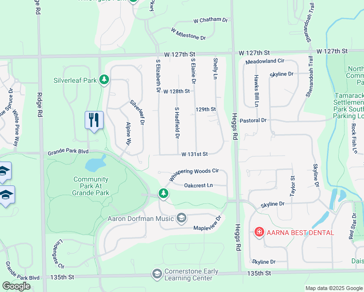 map of restaurants, bars, coffee shops, grocery stores, and more near 13041 South Hadfield Drive in Plainfield